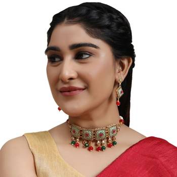 Traditional Gold Plated Enameled Square Shaped Stone and Pearl Studded Choker and Earring Set for Girls and Women 1