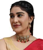 Traditional Gold Plated Enameled Square Shaped Stone and Pearl Studded Choker and Earring Set for Girls and Women