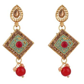 Traditional Gold Plated Enameled Square Shaped Stone and Pearl Studded Choker and Earring Set for Girls and Women 2