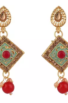 Traditional Gold Plated Enameled Square Shaped Stone and Pearl Studded Choker and Earring Set for Girls and Women