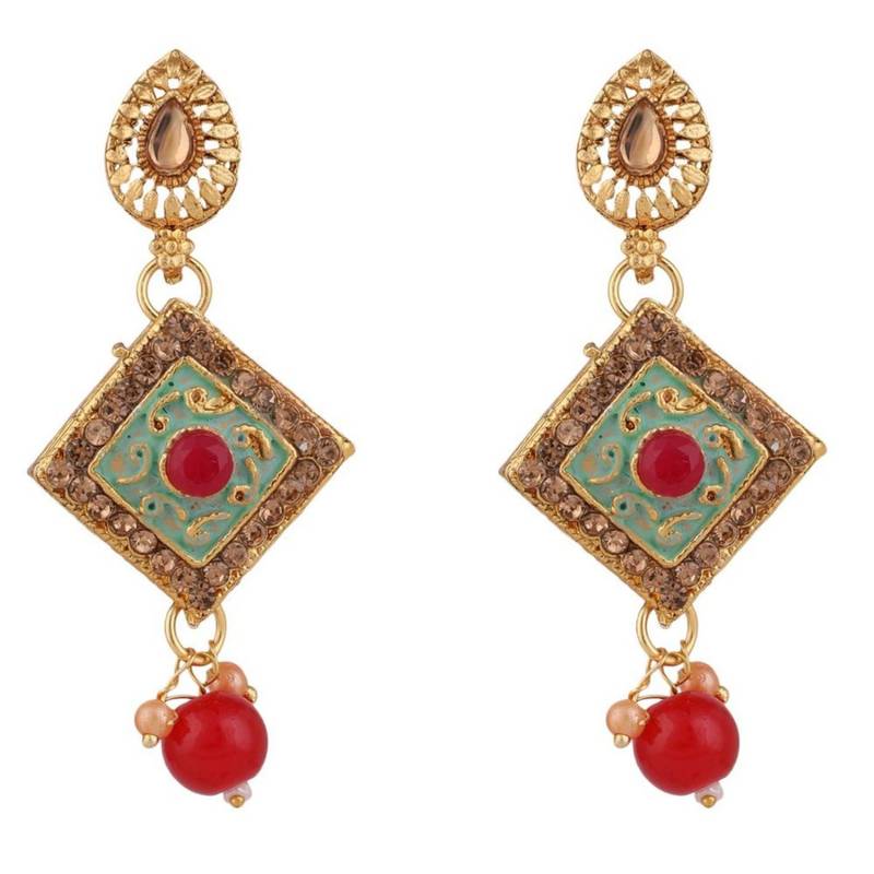 Traditional Gold Plated Enameled Square Shaped Stone and Pearl Studded Choker and Earring Set for Girls and Women