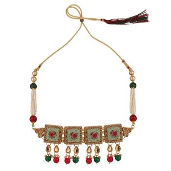 Traditional Gold Plated Enameled Square Shaped Stone and Pearl Studded Choker and Earring Set for Girls and Women 3