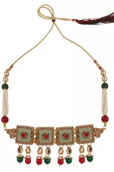 Traditional Gold Plated Enameled Square Shaped Stone and Pearl Studded Choker and Earring Set for Girls and Women