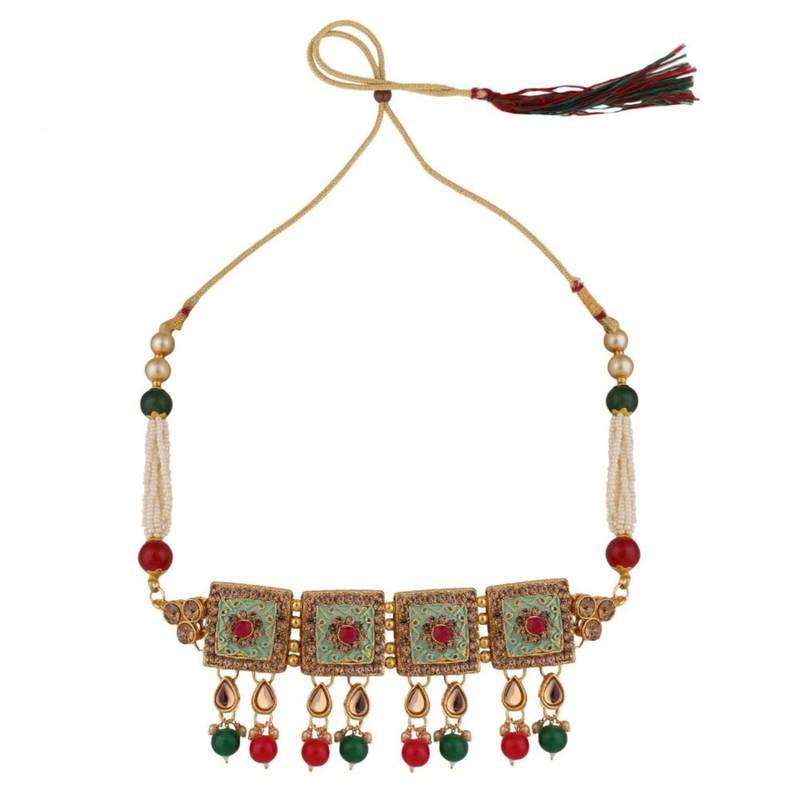 Traditional Gold Plated Enameled Square Shaped Stone and Pearl Studded Choker and Earring Set for Girls and Women