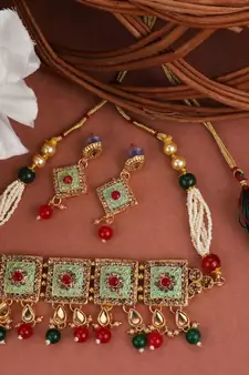 Traditional Gold Plated Enameled Square Shaped Stone and Pearl Studded Choker and Earring Set for Girls and Women