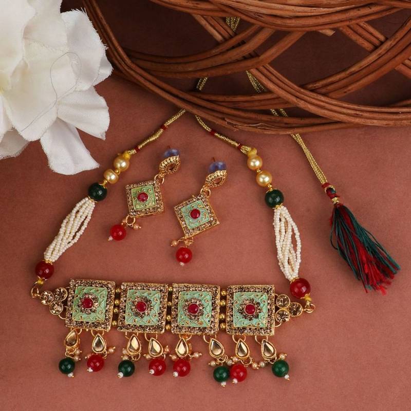Traditional Gold Plated Enameled Square Shaped Stone and Pearl Studded Choker and Earring Set for Girls and Women