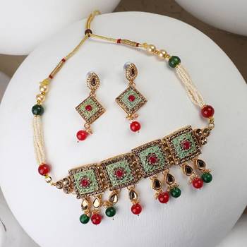 Traditional Gold Plated Enameled Square Shaped Stone and Pearl Studded Choker and Earring Set for Girls and Women 5