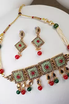 Traditional Gold Plated Enameled Square Shaped Stone and Pearl Studded Choker and Earring Set for Girls and Women