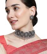 Oxidised Geometric Shaped Stone Studded ghungroo drop Choker with Stud Earring Set for Girls and Women