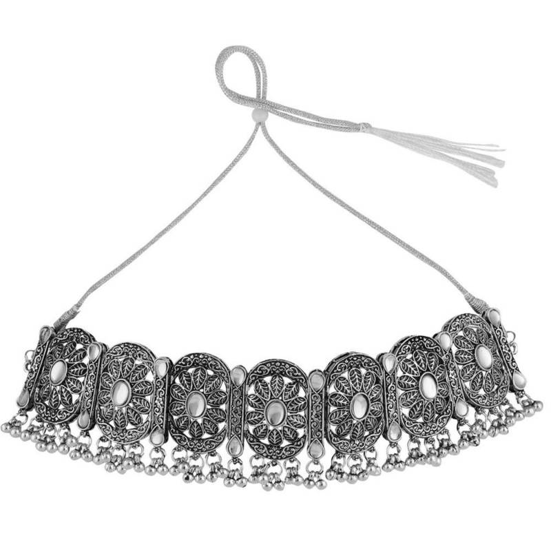 Oxidised Geometric Shaped Stone Studded ghungroo drop Choker with Stud Earring Set for Girls and Women