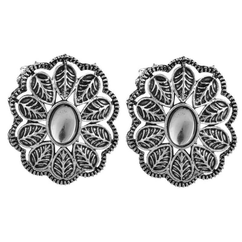 Oxidised Geometric Shaped Stone Studded ghungroo drop Choker with Stud Earring Set for Girls and Women