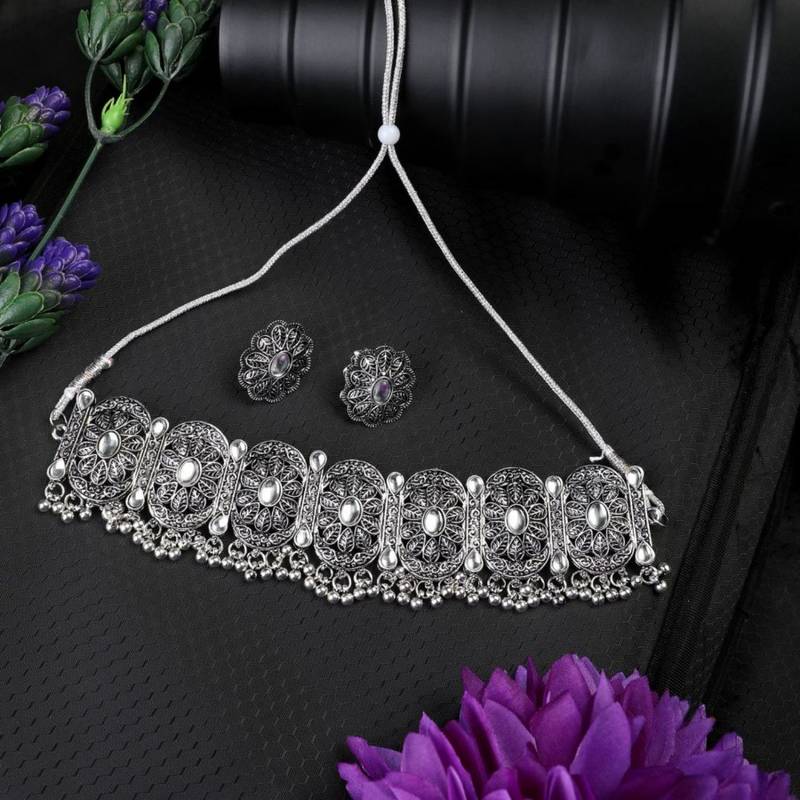 Oxidised Geometric Shaped Stone Studded ghungroo drop Choker with Stud Earring Set for Girls and Women