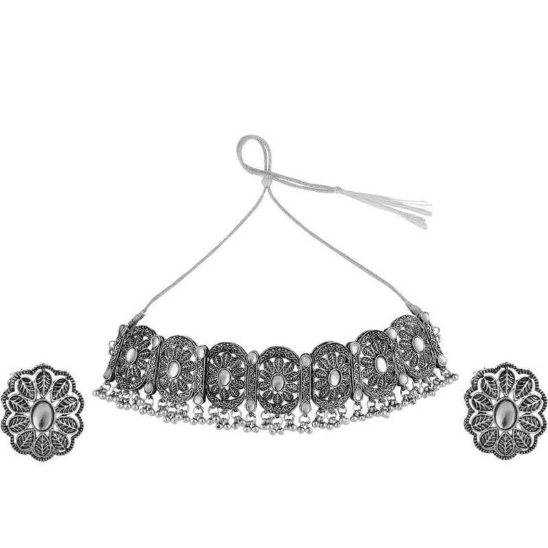 Oxidised Geometric Shaped Stone Studded ghungroo drop Choker with Stud Earring Set for Girls and Women