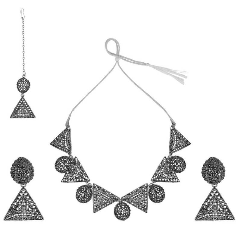 Classic Oxidised Triangle shaped Neck Choker with Earring Set and maang tika for Girls and Women