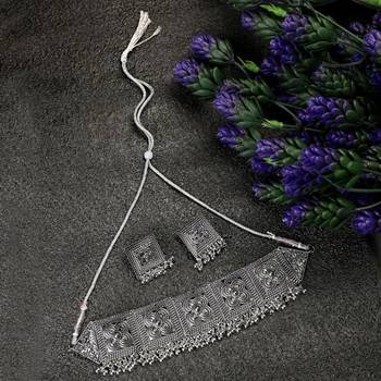 Statement Oxidised Square shaped Choker Neckpiece with Stud Earring Set for Girls and Women 3