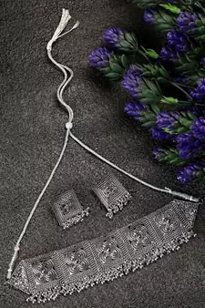 Statement Oxidised Square shaped Choker Neckpiece with Stud Earring Set for Girls and Women