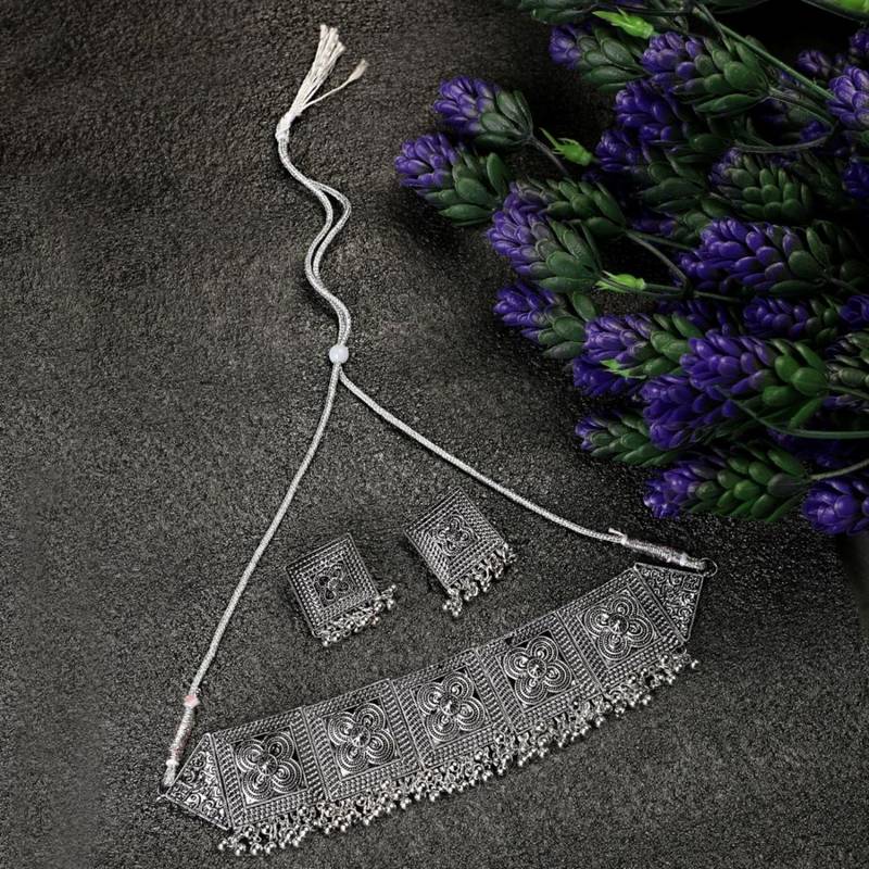 Statement Oxidised Square shaped Choker Neckpiece with Stud Earring Set for Girls and Women