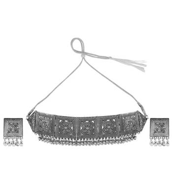 Statement Oxidised Square shaped Choker Neckpiece with Stud Earring Set for Girls and Women 4
