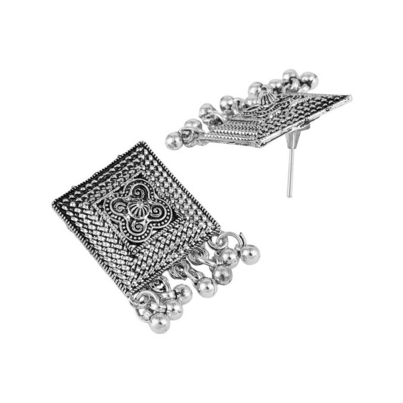 Statement Oxidised Square shaped Choker Neckpiece with Stud Earring Set for Girls and Women