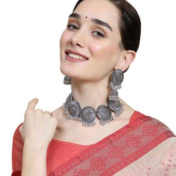 Statement Oxidised Round shaped Choker Neck piece with Jhumka Earring Set for Girls and Women 1