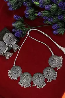 Statement Oxidised Round shaped Choker Neck piece with Jhumka Earring Set for Girls and Women