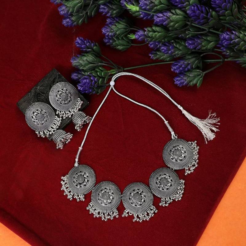 Statement Oxidised Round shaped Choker Neck piece with Jhumka Earring Set for Girls and Women