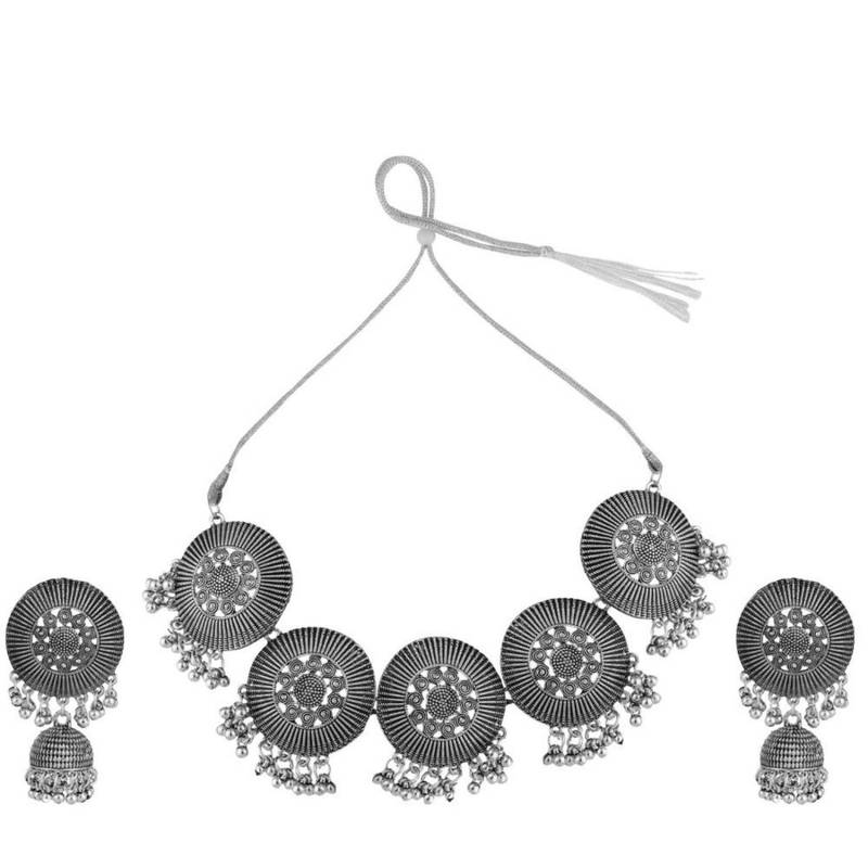 Statement Oxidised Round shaped Choker Neck piece with Jhumka Earring Set for Girls and Women