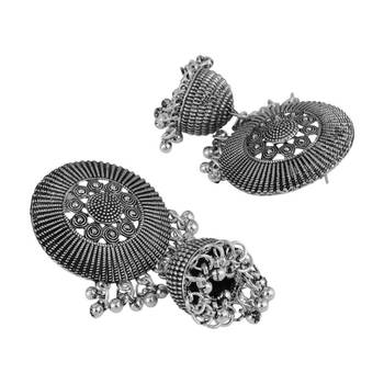 Statement Oxidised Round shaped Choker Neck piece with Jhumka Earring Set for Girls and Women 5