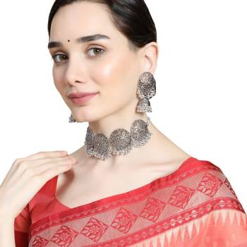 Classic Oxidised Round shaped Choker Neck piece with Jhumka Earring Set and Maang-tikka for Girls and Women 1