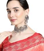 Classic Oxidised Round shaped Choker Neck piece with Jhumka Earring Set and Maang-tikka for Girls and Women