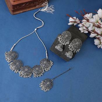 Classic Oxidised Round shaped Choker Neck piece with Jhumka Earring Set and Maang-tikka for Girls and Women 2