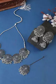 Classic Oxidised Round shaped Choker Neck piece with Jhumka Earring Set and Maang-tikka for Girls and Women