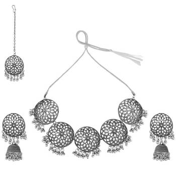 Classic Oxidised Round shaped Choker Neck piece with Jhumka Earring Set and Maang-tikka for Girls and Women 3