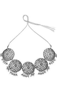 Classic Oxidised Round shaped Choker Neck piece with Jhumka Earring Set and Maang-tikka for Girls and Women