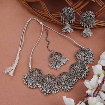 Classic Oxidised Round shaped Choker Neck piece with Jhumka Earring Set and Maang-tikka for Girls and Women 4
