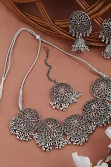 Classic Oxidised Round shaped Choker Neck piece with Jhumka Earring Set and Maang-tikka for Girls and Women