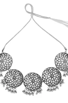 Classic Oxidised Round shaped Choker Neck piece with Jhumka Earring Set and Maang-tikka for Girls and Women