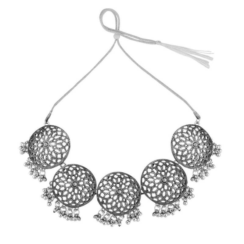 Classic Oxidised Round shaped Choker Neck piece with Jhumka Earring Set and Maang-tikka for Girls and Women