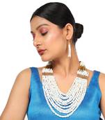 Contemporary White Colored Beads Gold Plated Heavy Layered Necklace Set with Earring for Women and Girls