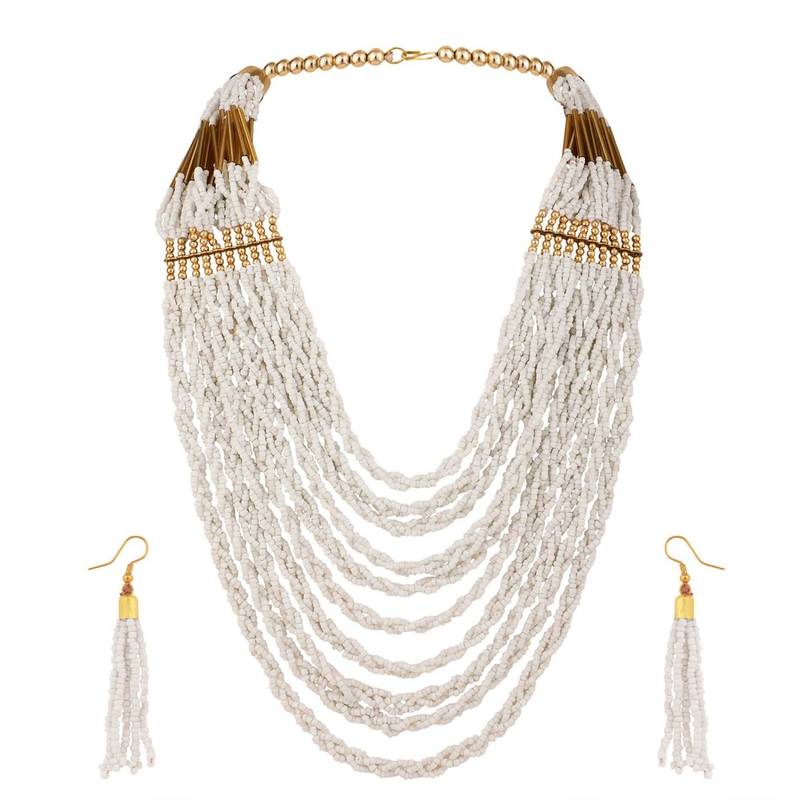 Contemporary White Colored Beads Gold Plated Heavy Layered Necklace Set with Earring for Women and Girls