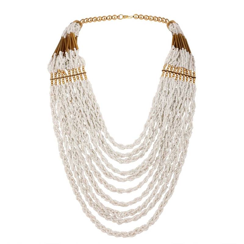Contemporary White Colored Beads Gold Plated Heavy Layered Necklace Set with Earring for Women and Girls