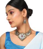 Statement Gold Plated Multicolored Chips Studded Abstract Design Necklace Set with Earring for Women and Girls