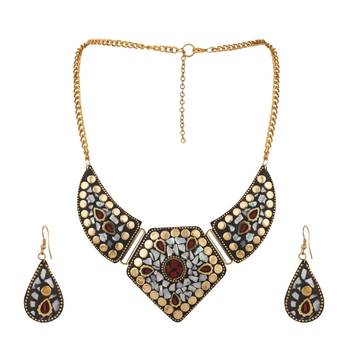 Statement Gold Plated Multicolored Chips Studded Abstract Design Necklace Set with Earring for Women and Girls 5