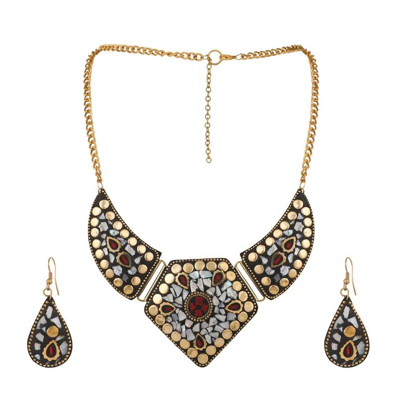 Statement Gold Plated Multicolored Chips Studded Abstract Design Necklace Set with Earring for Women and Girls