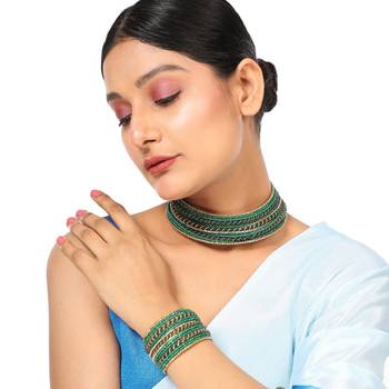 Contemporary Heavy Green Colored Beads Studded Choker Set with Slip-On Bracelet for Girls and Women. 1