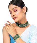 Contemporary Heavy Green Colored Beads Studded Choker Set with Slip-On Bracelet for Girls and Women.
