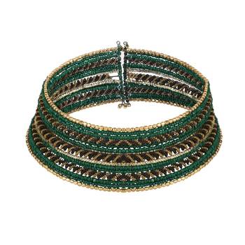 Contemporary Heavy Green Colored Beads Studded Choker Set with Slip-On Bracelet for Girls and Women. 2