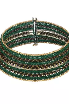 Contemporary Heavy Green Colored Beads Studded Choker Set with Slip-On Bracelet for Girls and Women.