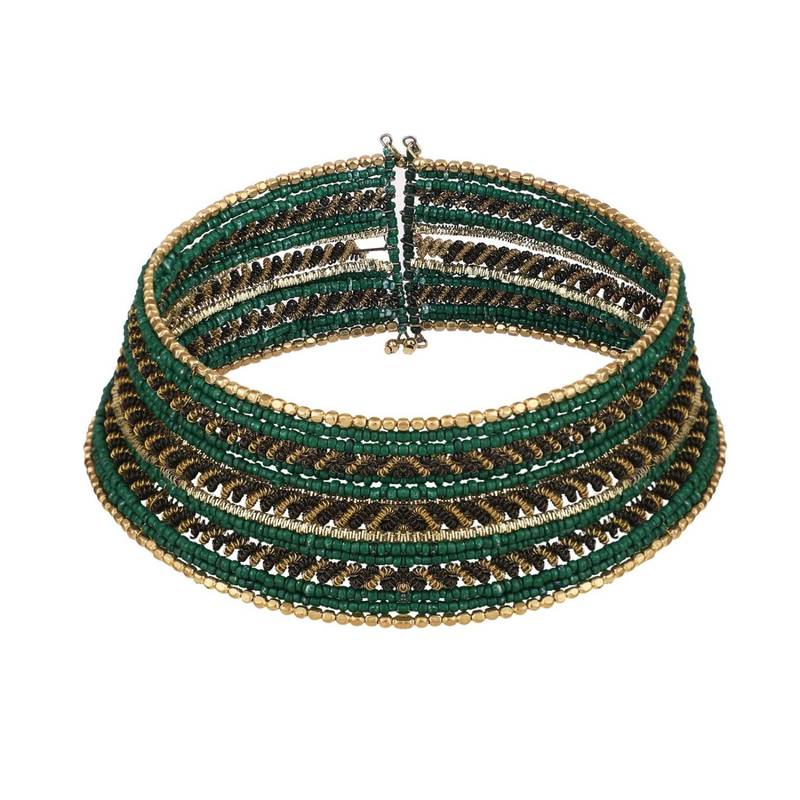 Contemporary Heavy Green Colored Beads Studded Choker Set with Slip-On Bracelet for Girls and Women.