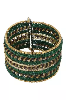 Contemporary Heavy Green Colored Beads Studded Choker Set with Slip-On Bracelet for Girls and Women.